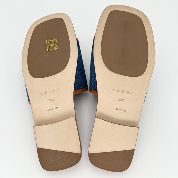BURBERRY Carolyn Denim Logo Flat Slide EU 38.5 US 8.5 Blue Brown Two Tone Sandal - Picture 8 of 11
